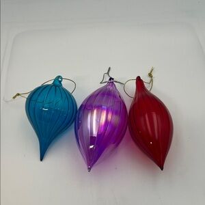 Set of three vintage style blown glass ornaments in bold jewel tones